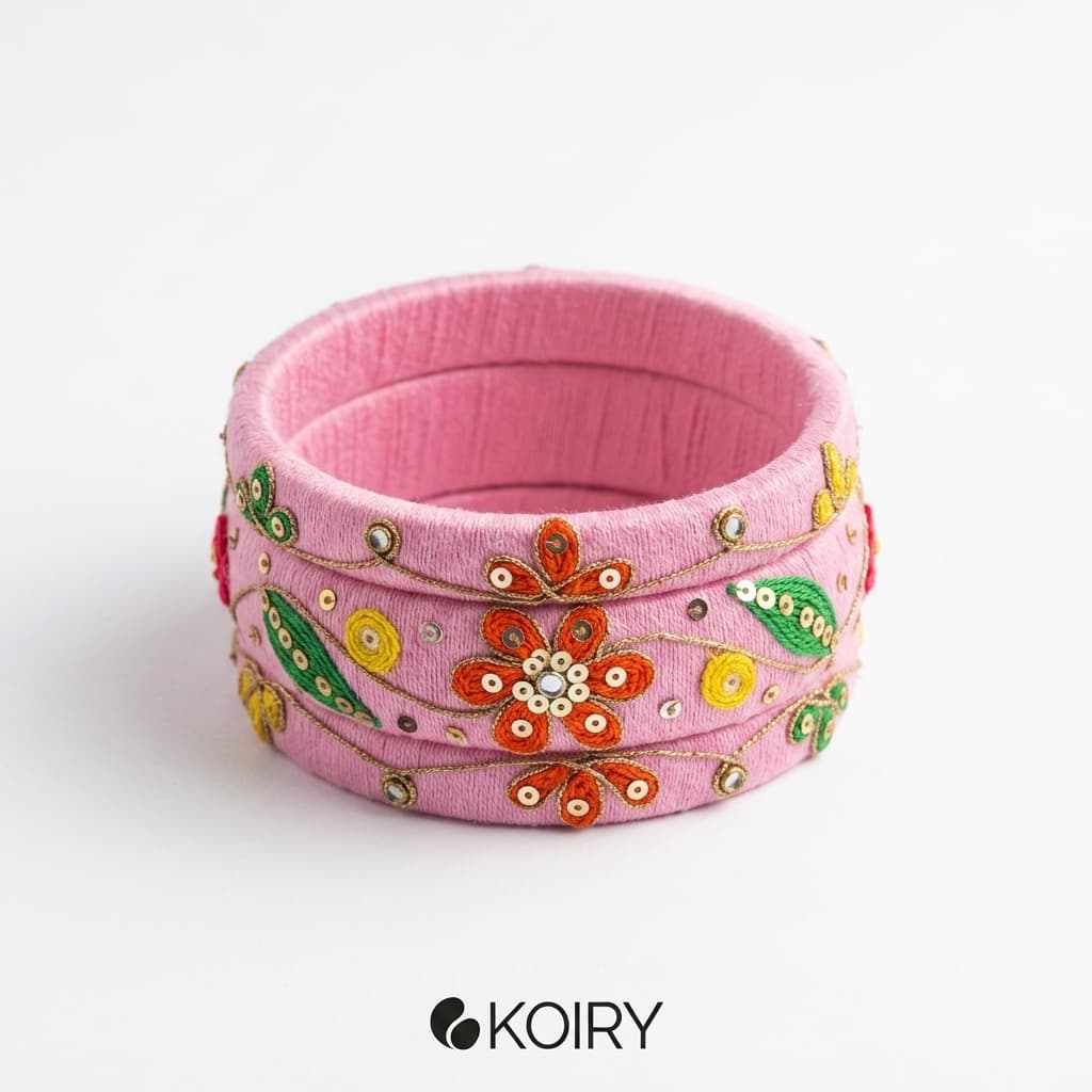Pink Floral Embroidered Bangle Set - jewellery